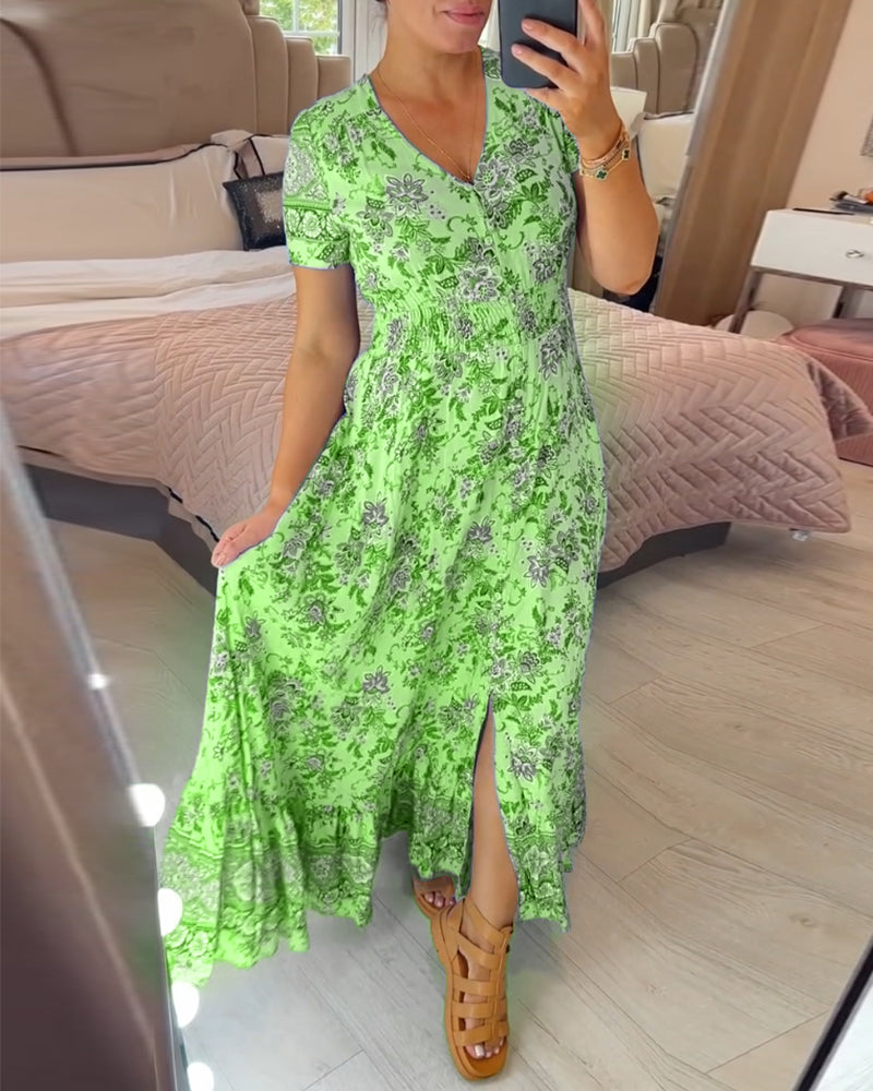 Robe à col en V et motif floral