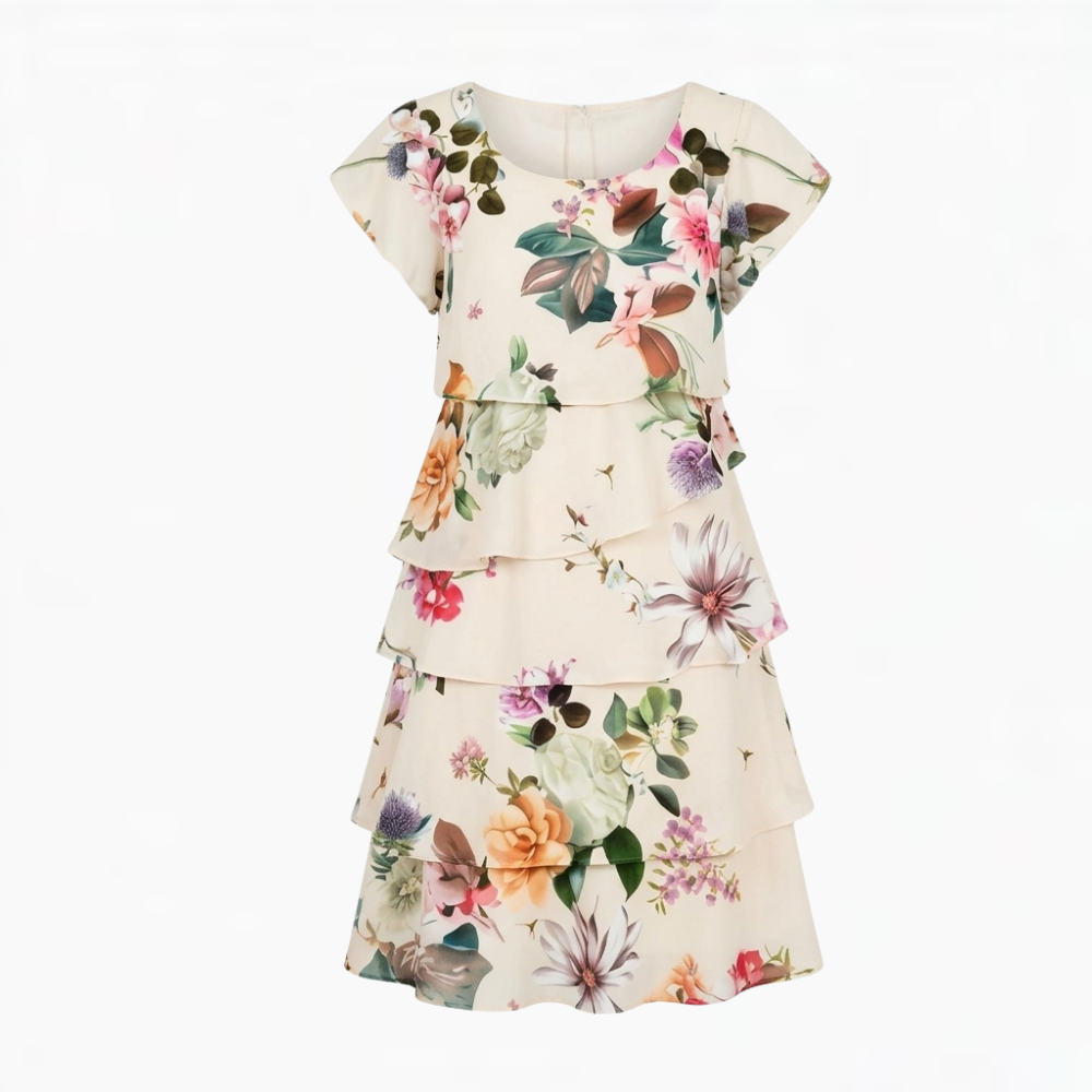 Robe à volants superposés et motif floral en cascade