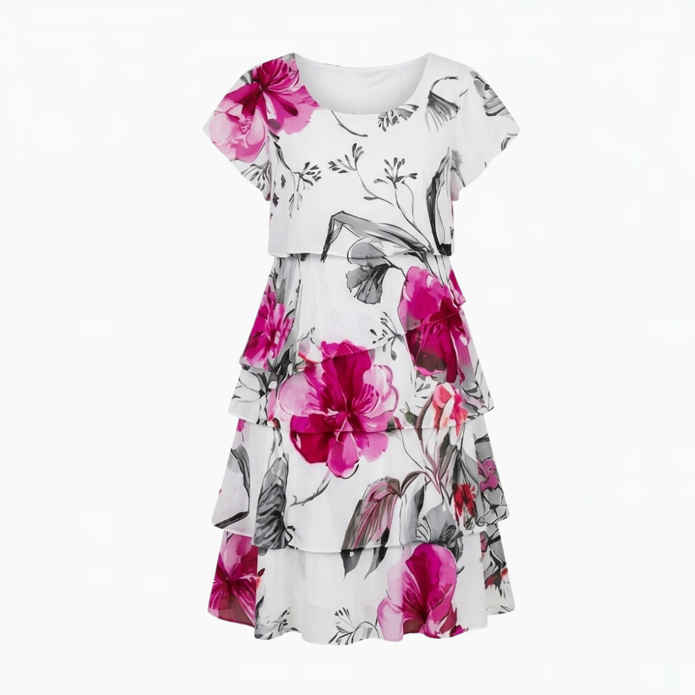 Robe à volants superposés et motif floral en cascade