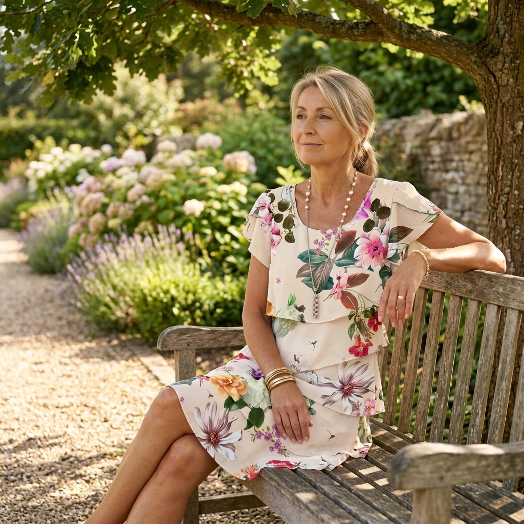 Robe à volants superposés et motif floral en cascade