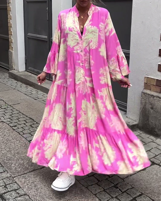 Robe ample patchwork col V et manches volantées