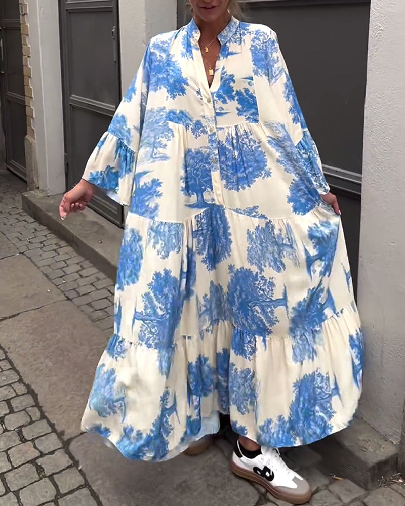 Robe ample patchwork col V et manches volantées