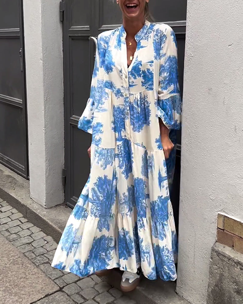 Robe ample patchwork col V et manches volantées