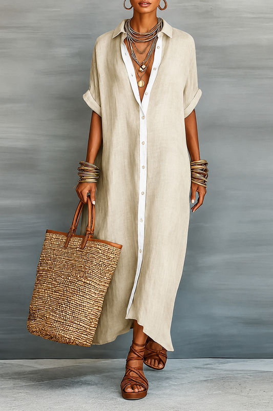 Robe chemise maxi en lin boutonnée pour femme