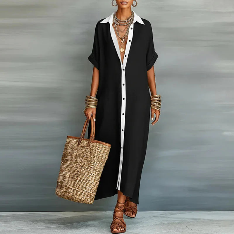 Robe chemise maxi en lin boutonnée pour femme