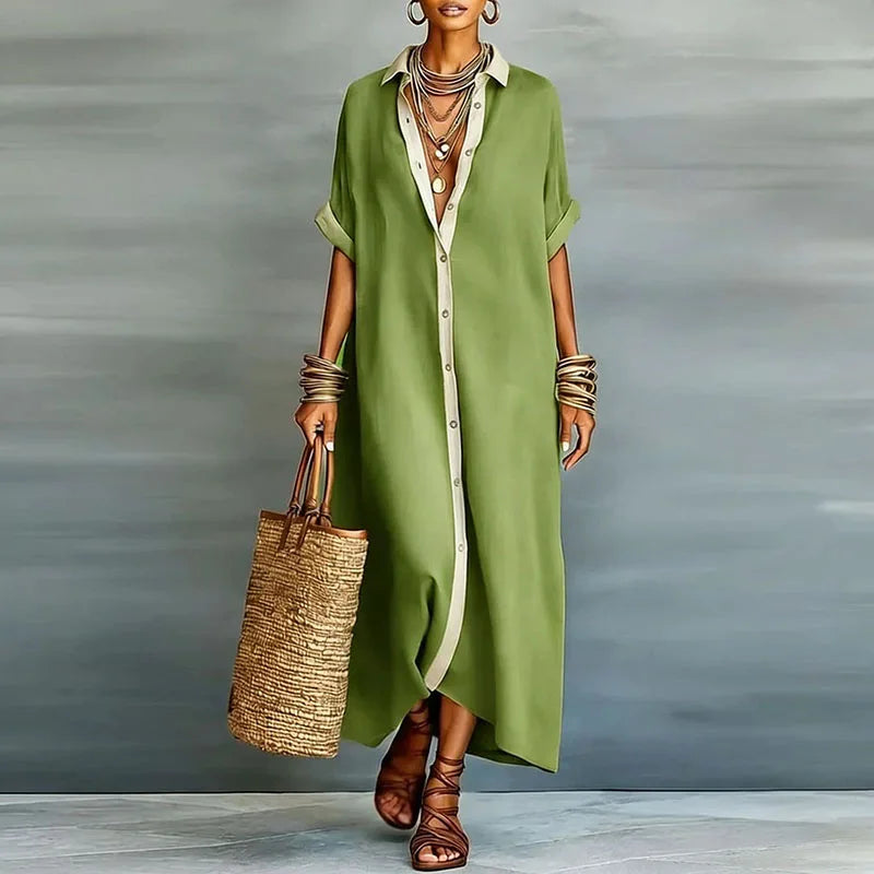 Robe chemise maxi en lin boutonnée pour femme
