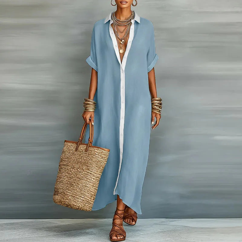 Robe chemise maxi en lin boutonnée pour femme