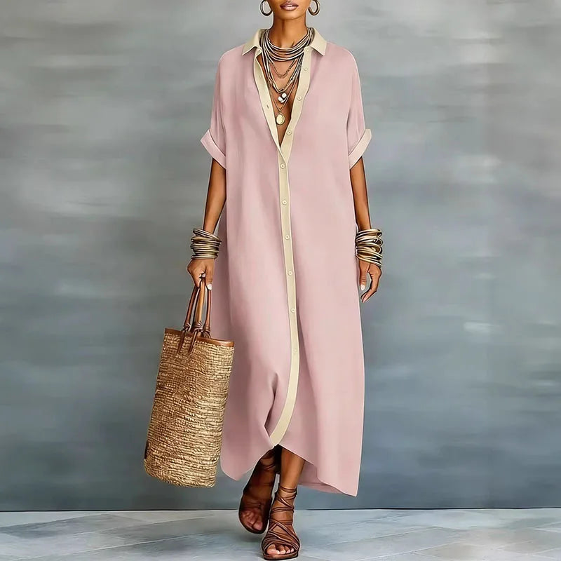 Robe chemise maxi en lin boutonnée pour femme