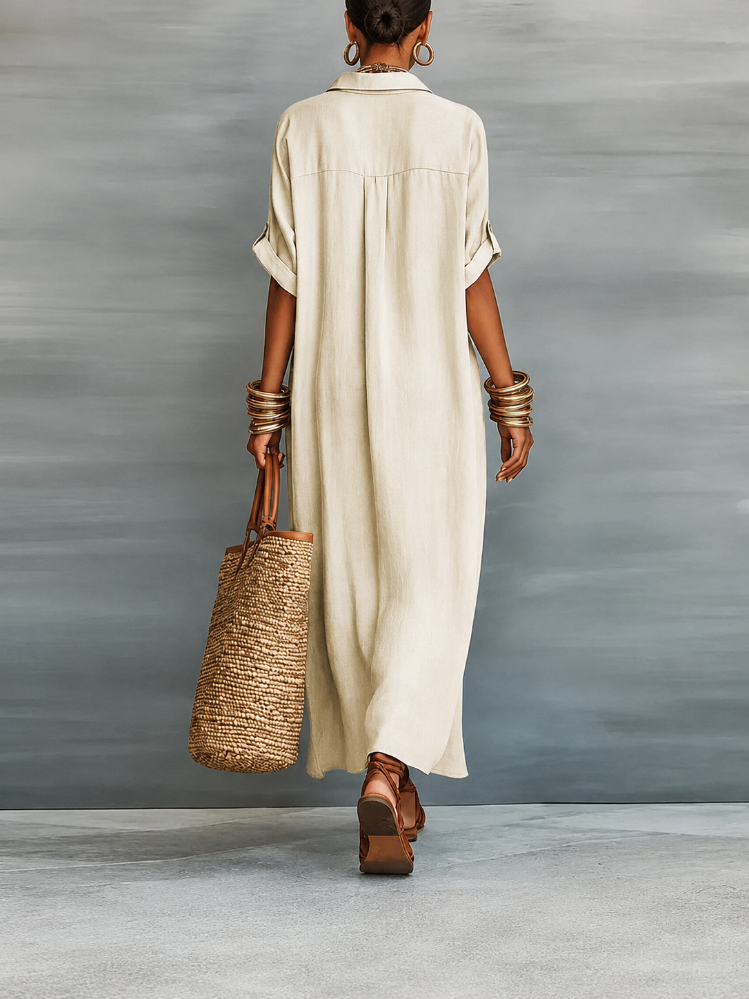 Robe chemise maxi en lin boutonnée pour femme