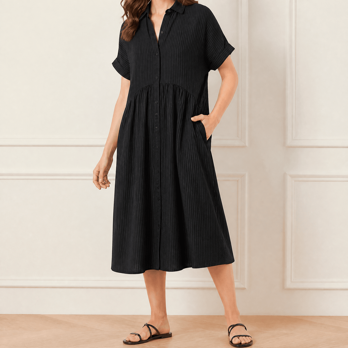 Robe chemise midi à rayures avec poches