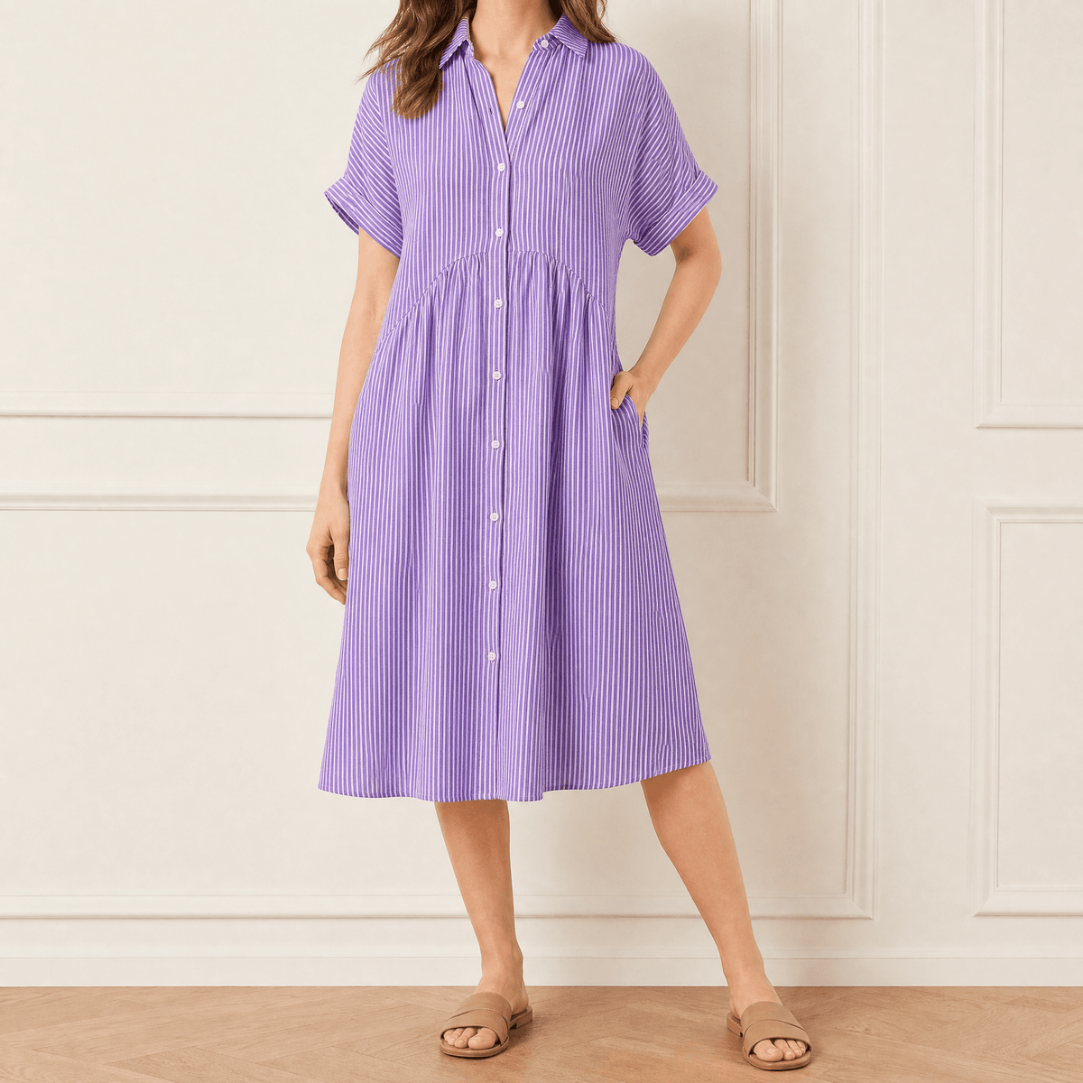 Robe chemise midi à rayures avec poches
