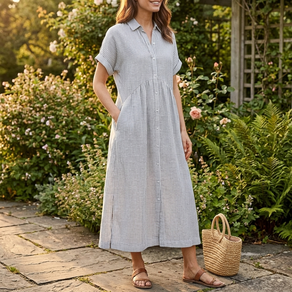 Robe chemise midi à rayures avec poches