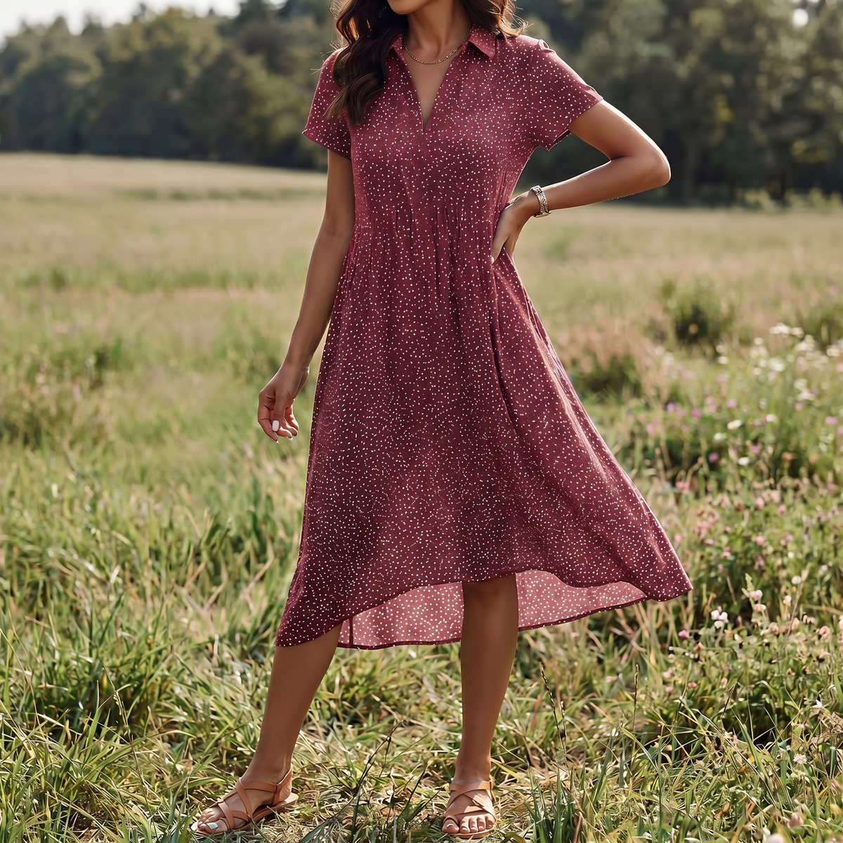 Robe chemise midi en coton pour femme | Vêtement décontracté d'été