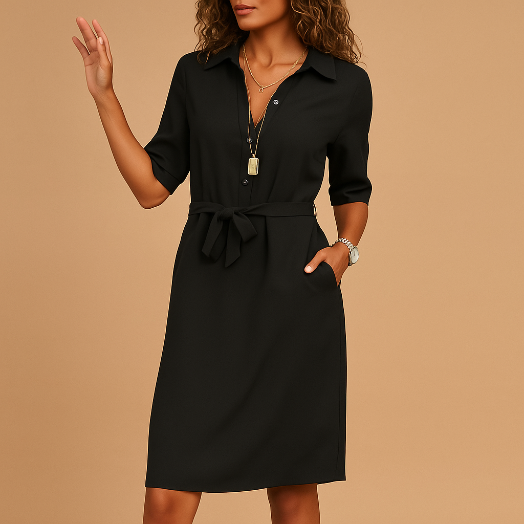 Robe chemise mini pour femme avec manches 3/4, col en V et ceinture