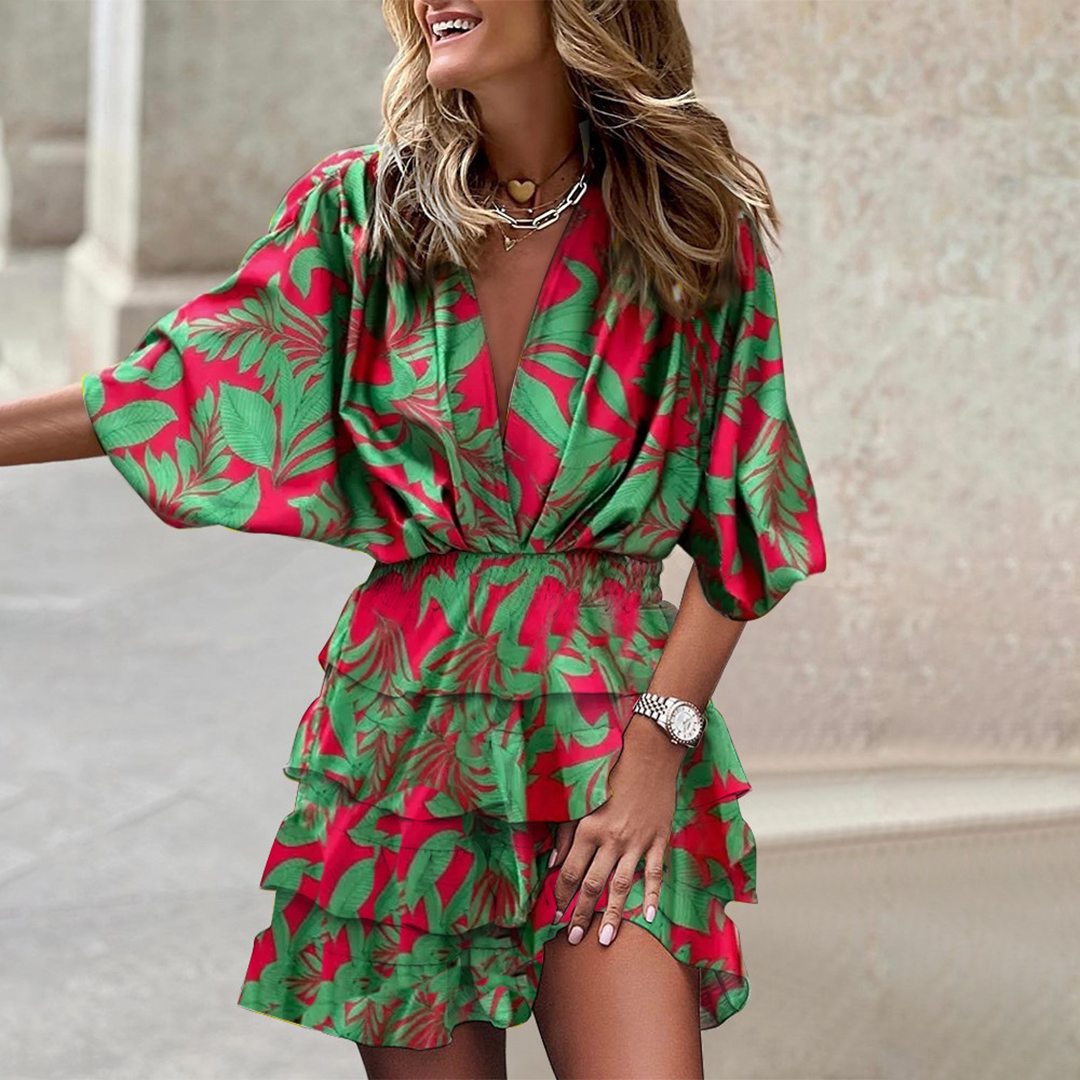 Robe courte à col en V et motif géométrique
