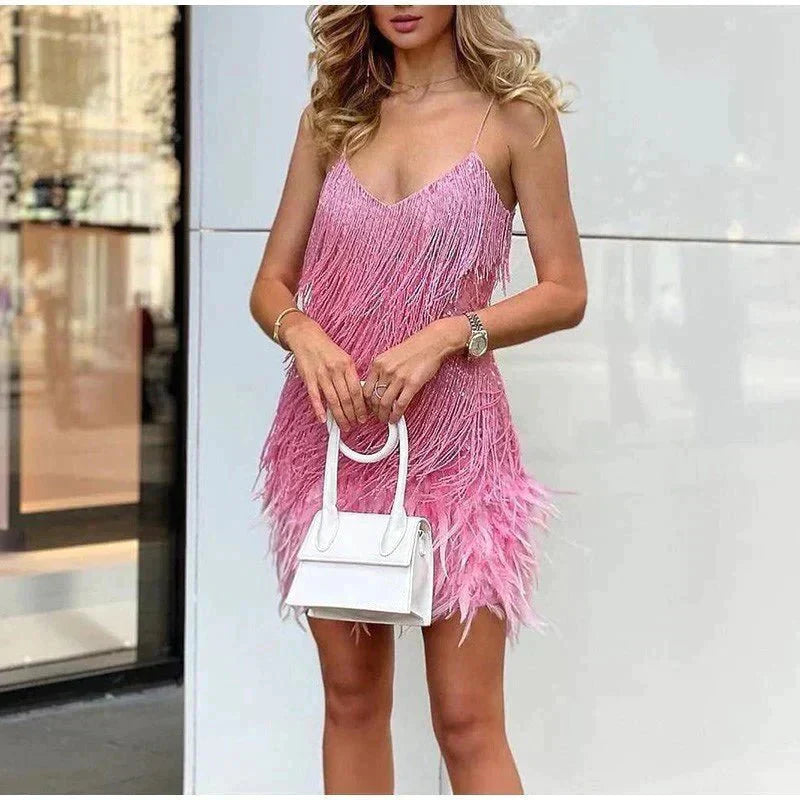 Robe courte à franges pour femme