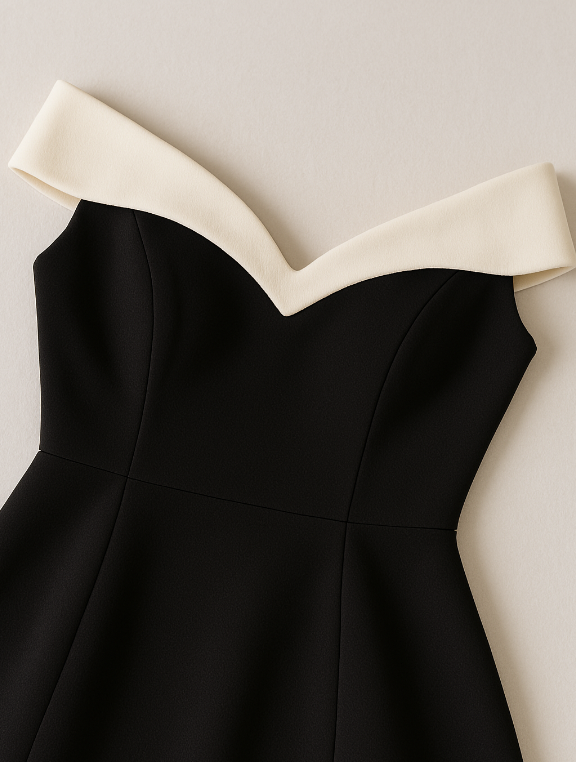 Robe courte intemporelle à épaules dénudées et détails contrastants