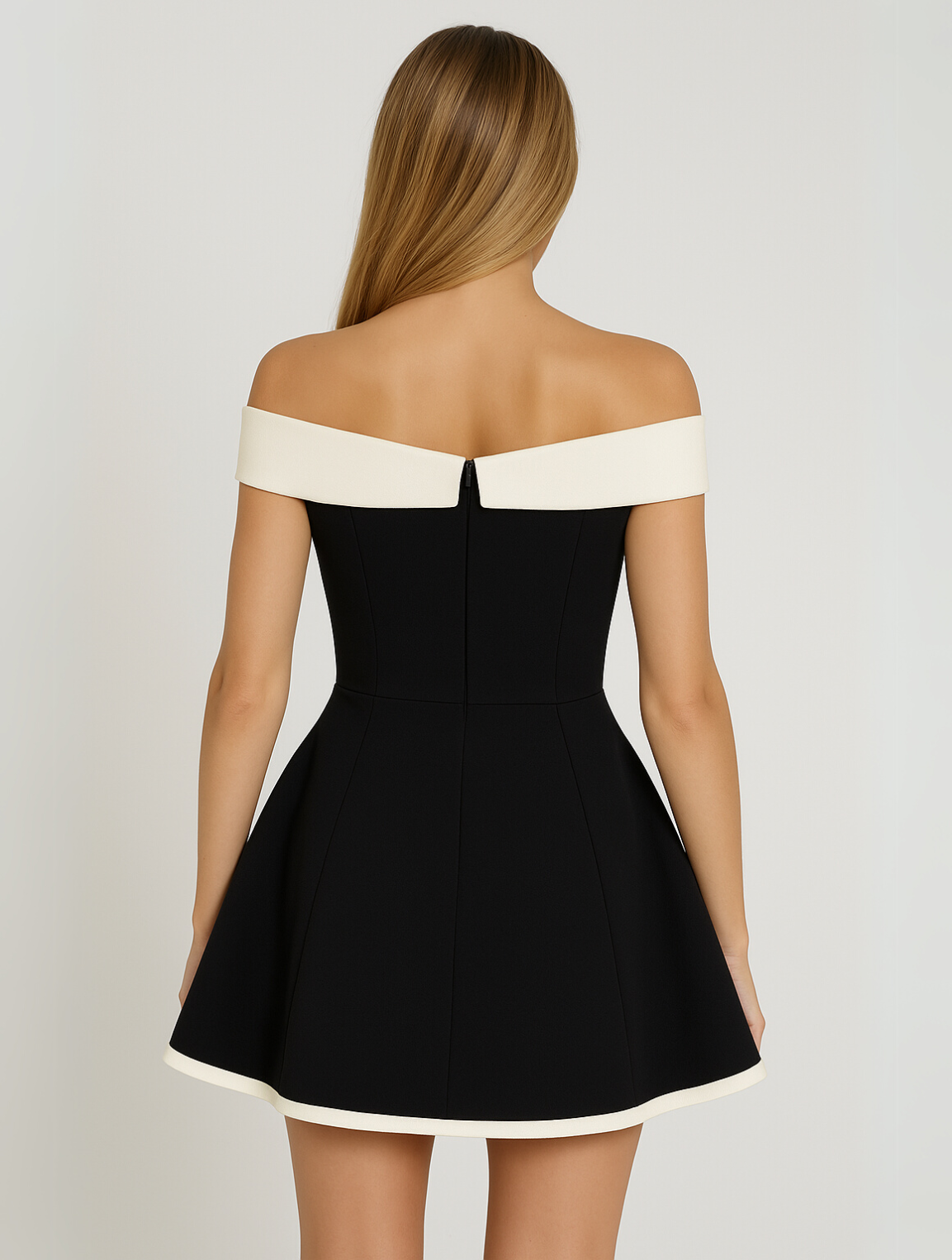 Robe courte intemporelle à épaules dénudées et détails contrastants