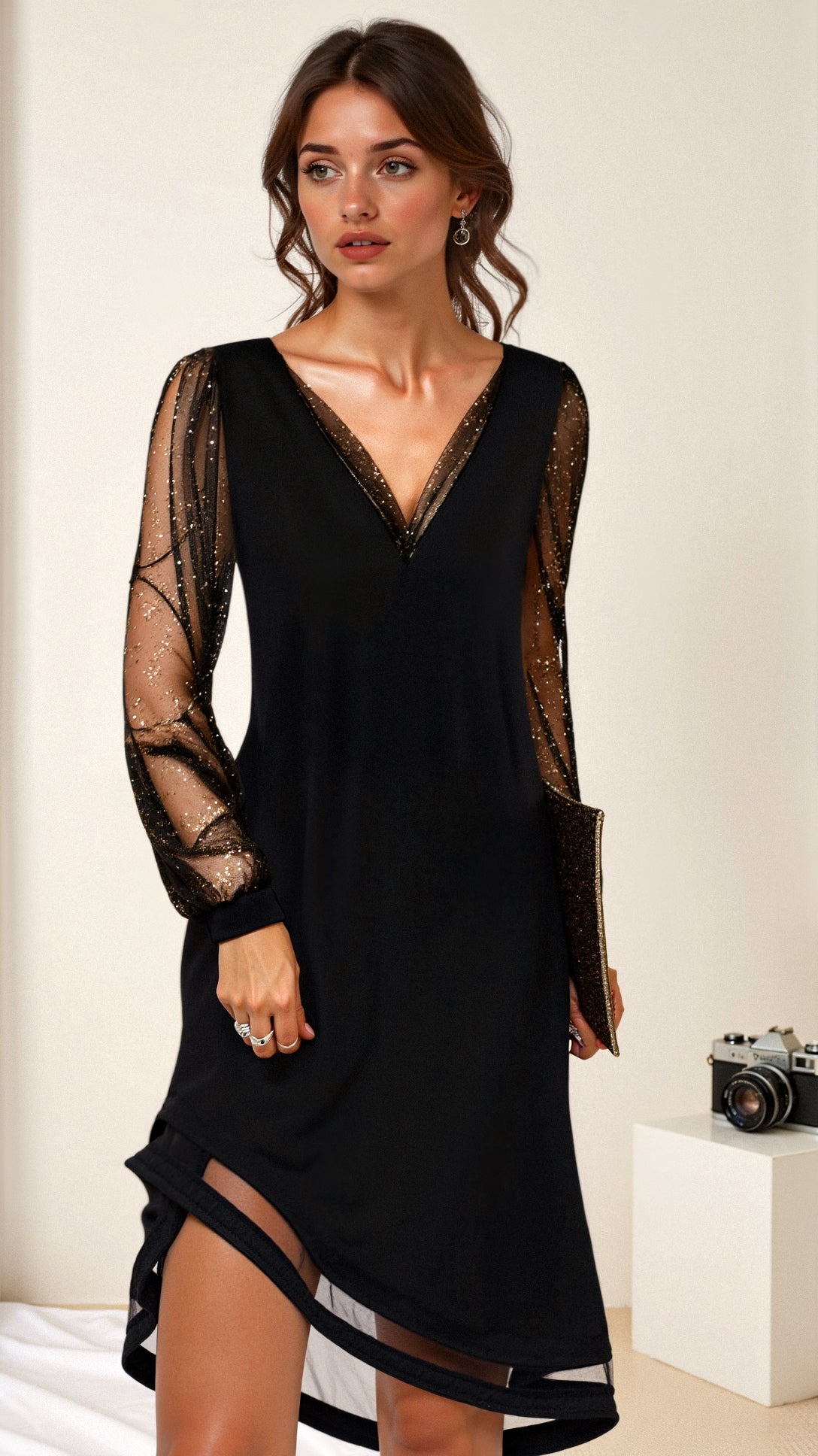 Robe de soirée à manches en tulle et ourlet asymétrique