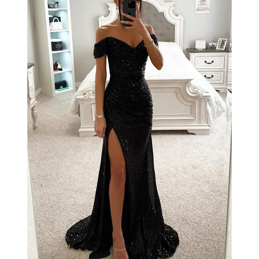 Robe de soirée longue à paillettes pour femme – robe à épaules dénudées et fente pour mariages et fêtes
