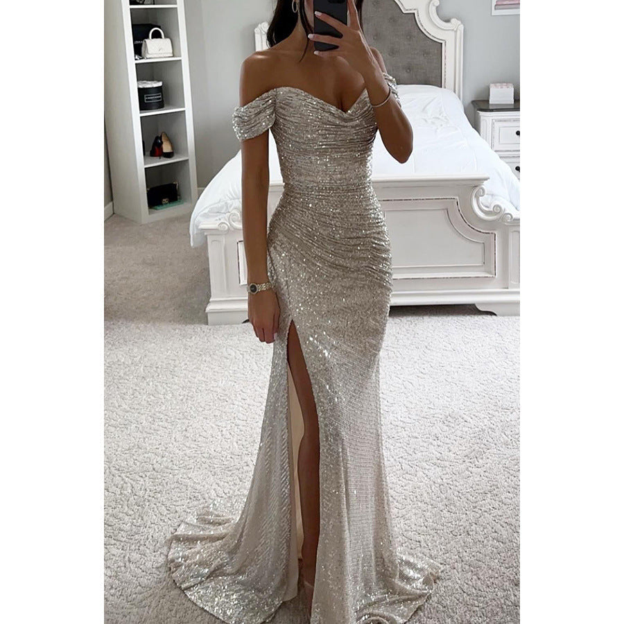 Robe de soirée longue à paillettes pour femme – robe à épaules dénudées et fente pour mariages et fêtes