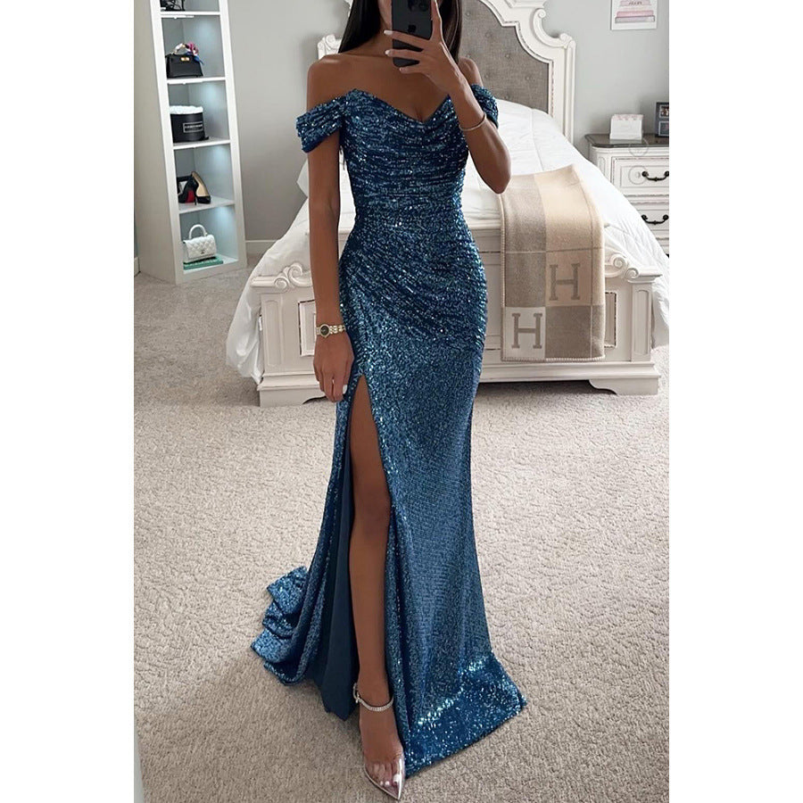 Robe de soirée longue à paillettes pour femme – robe à épaules dénudées et fente pour mariages et fêtes