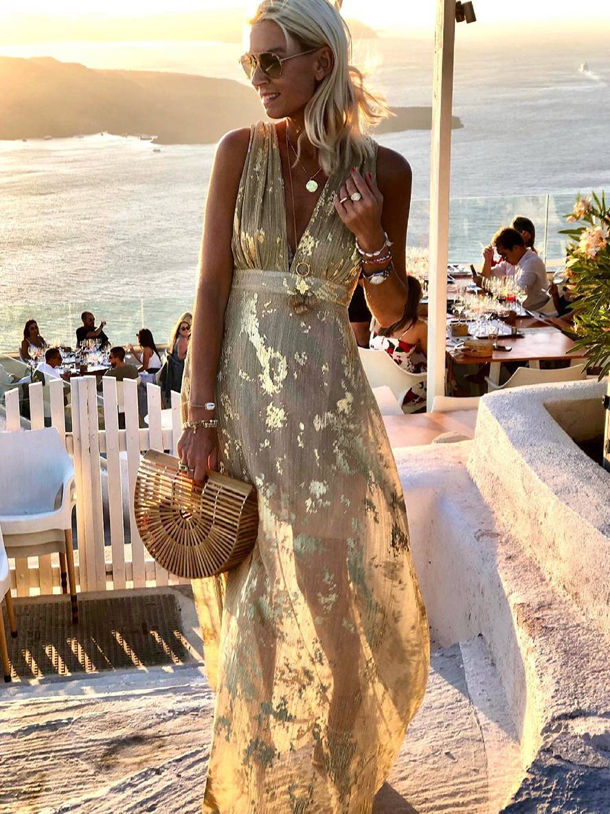 Robe longue bronze à sequins brillants, col V, sans manches, élégante pour soirée et plage