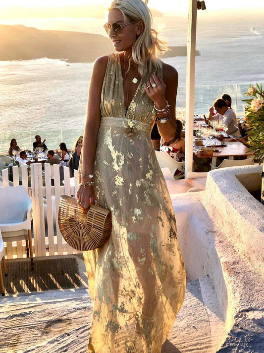 Robe longue bronze à sequins brillants, col V, sans manches, élégante pour soirée et plage
