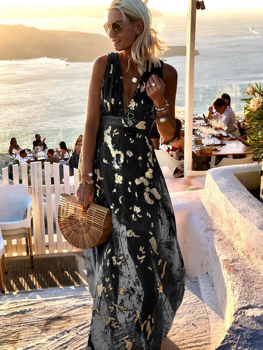 Robe longue bronze à sequins brillants, col V, sans manches, élégante pour soirée et plage