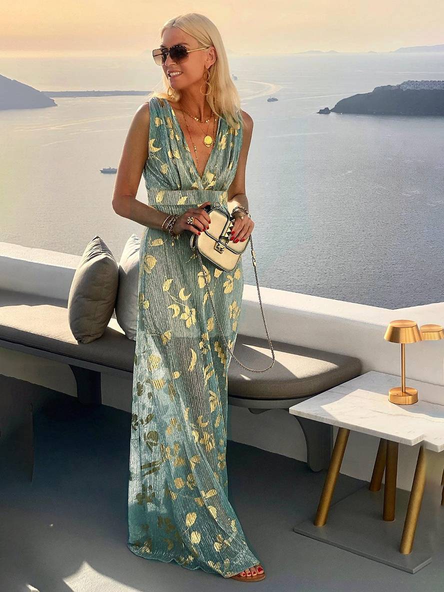 Robe longue bronze à sequins brillants, col V, sans manches, élégante pour soirée et plage