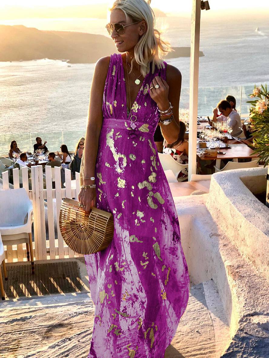 Robe longue bronze à sequins brillants, col V, sans manches, élégante pour soirée et plage