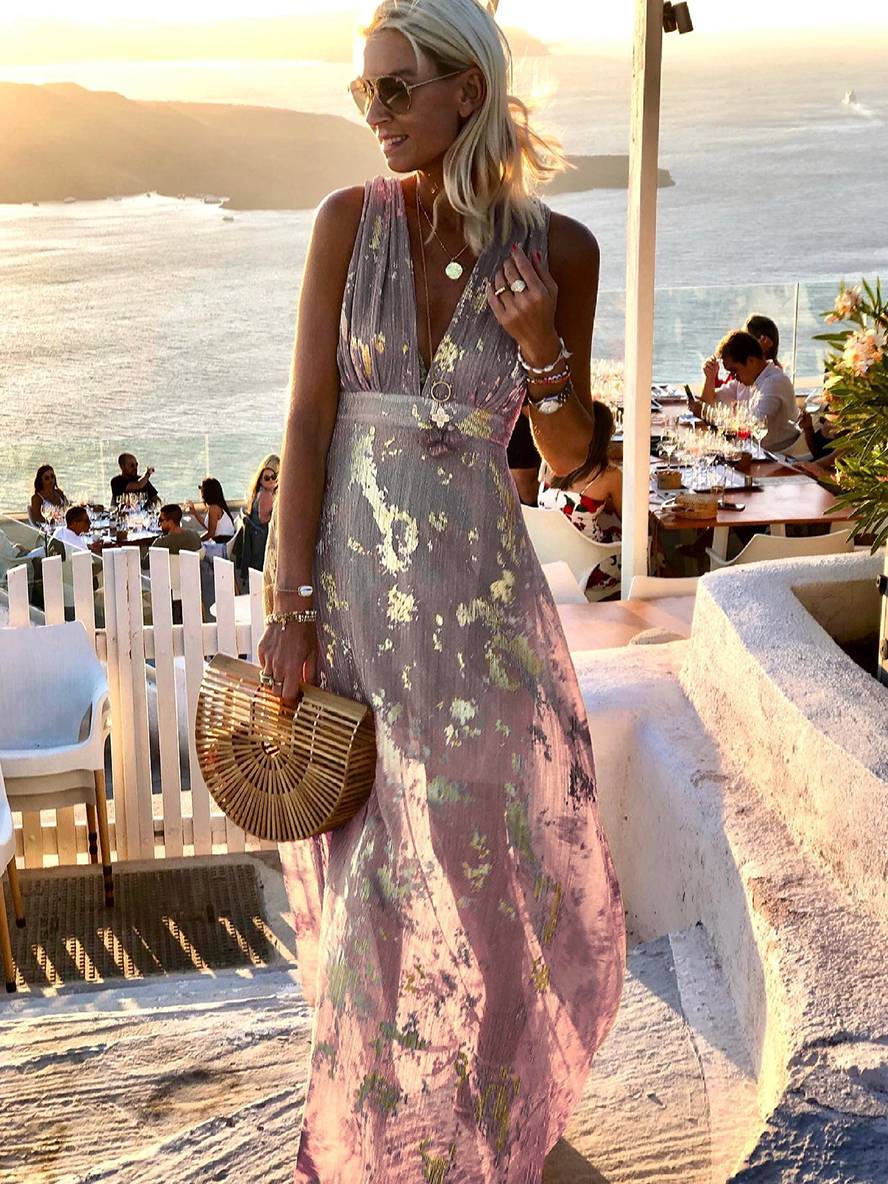 Robe longue bronze à sequins brillants, col V, sans manches, élégante pour soirée et plage