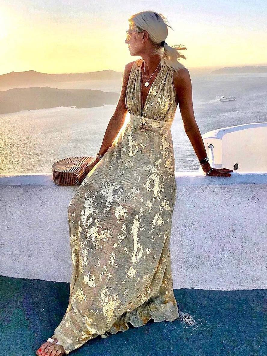 Robe longue bronze à sequins brillants, col V, sans manches, élégante pour soirée et plage