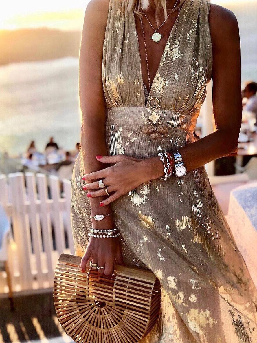 Robe longue bronze à sequins brillants, col V, sans manches, élégante pour soirée et plage