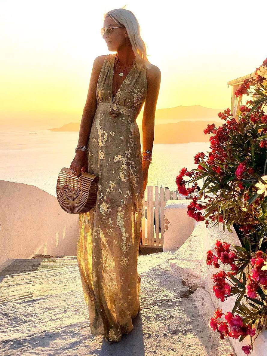 Robe longue bronze à sequins brillants, col V, sans manches, élégante pour soirée et plage