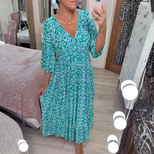 Robe longue d'été fluide imprimée col V
