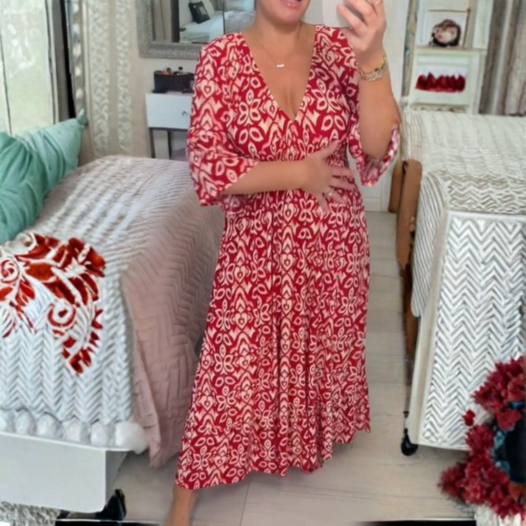 Robe longue d'été fluide imprimée col V