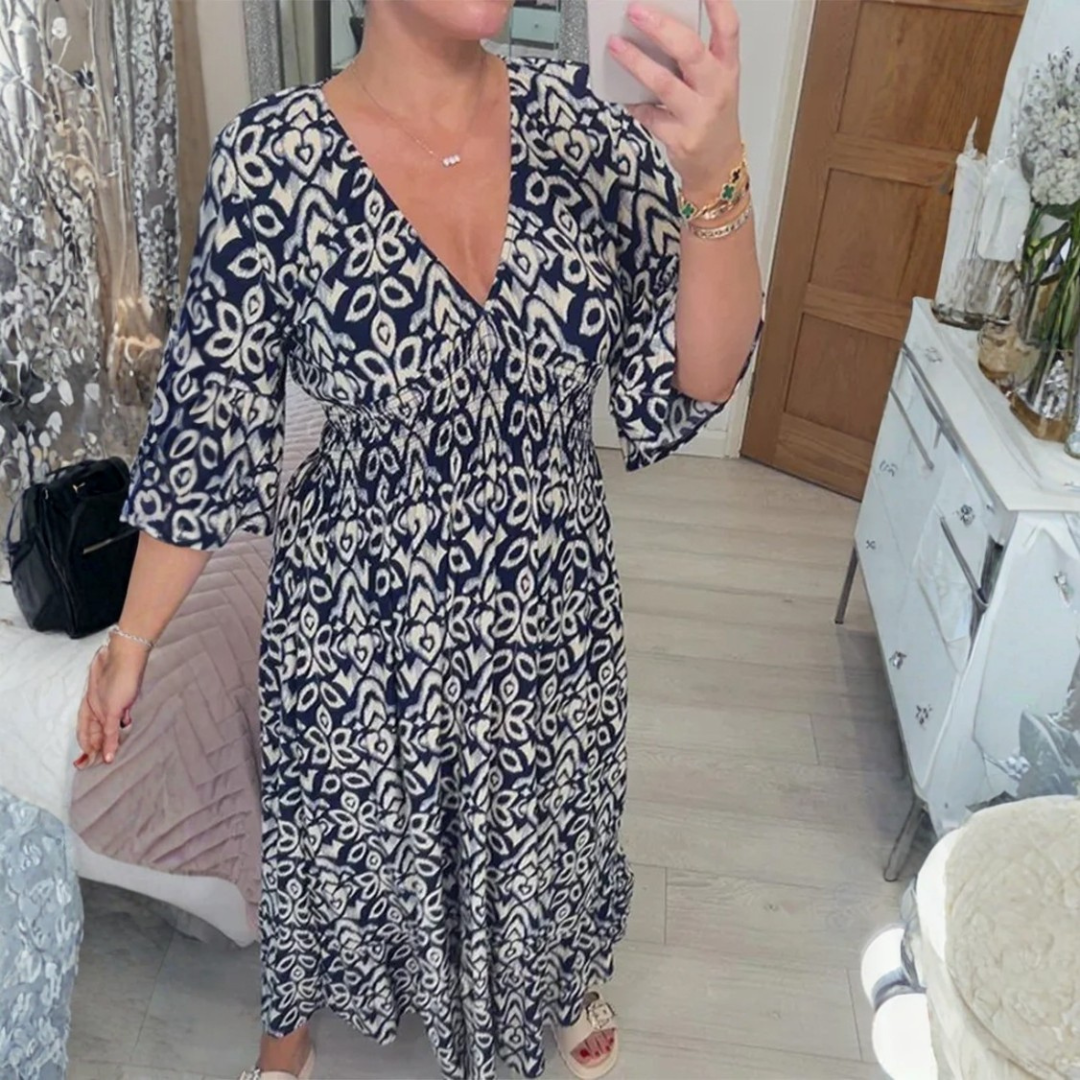 Robe longue d'été fluide imprimée col V
