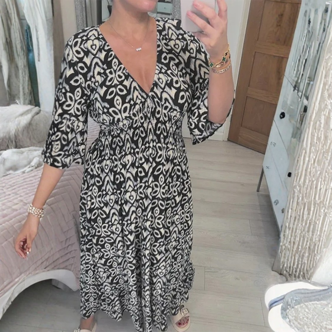 Robe longue d'été fluide imprimée col V