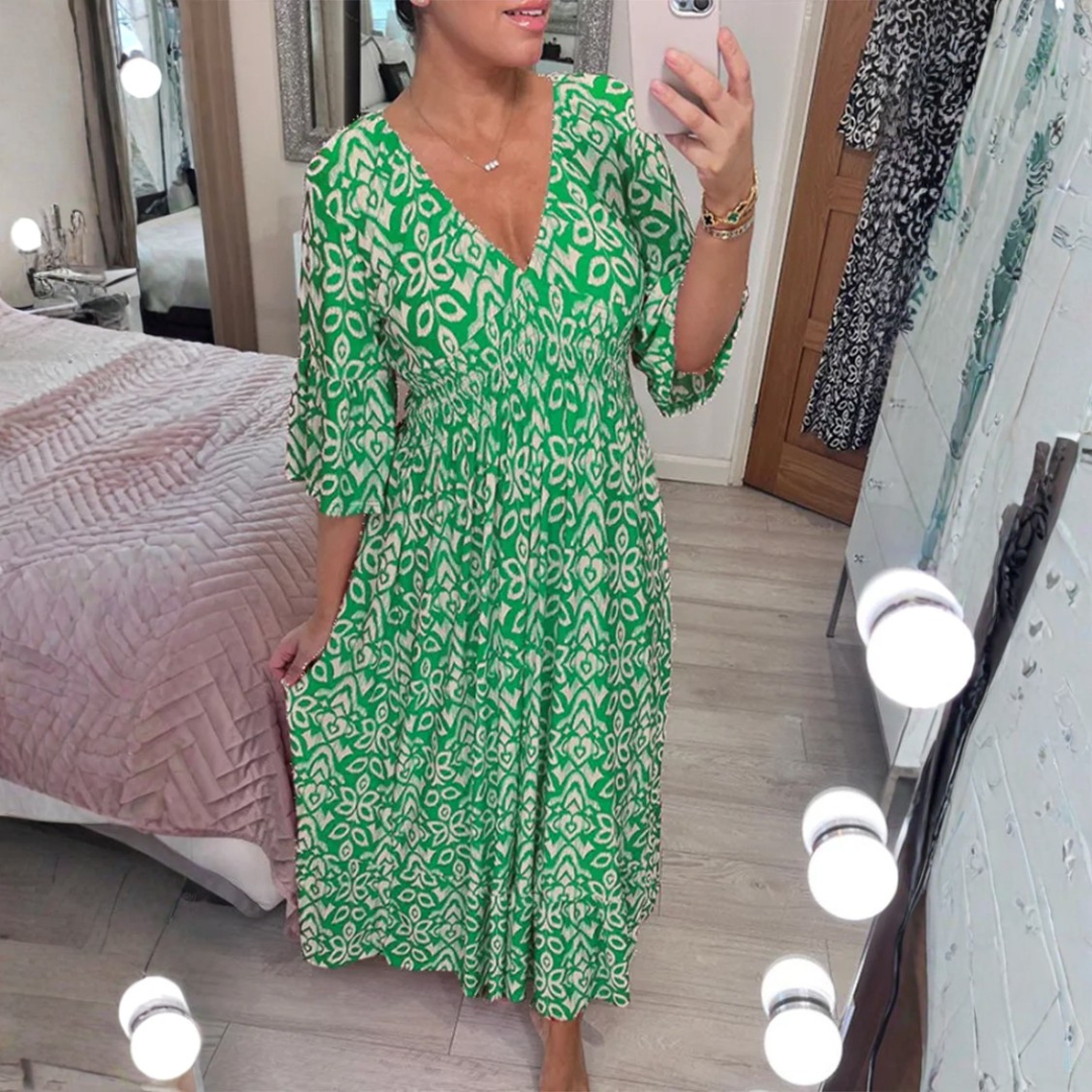 Robe longue d'été fluide imprimée col V
