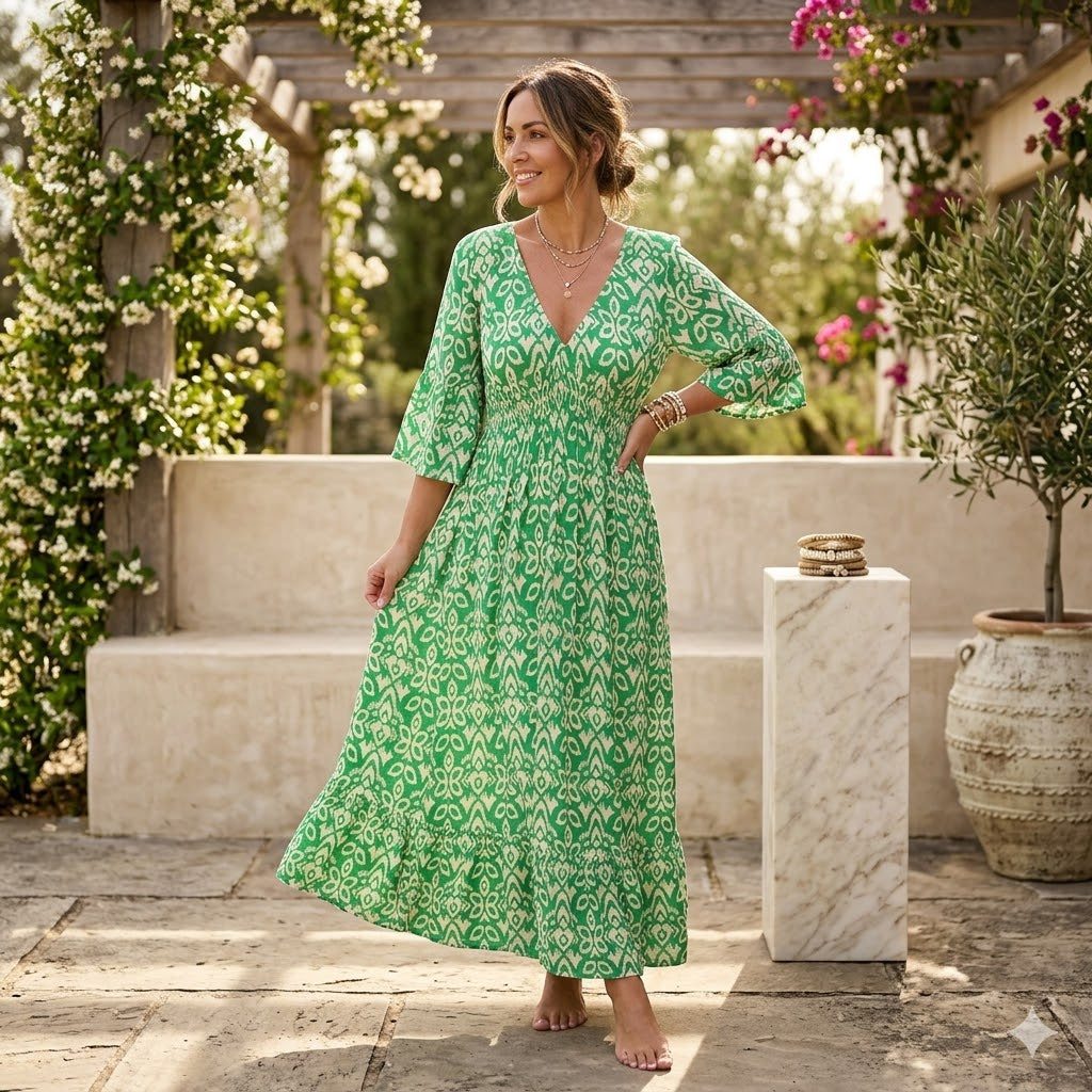 Robe longue d'été fluide imprimée col V