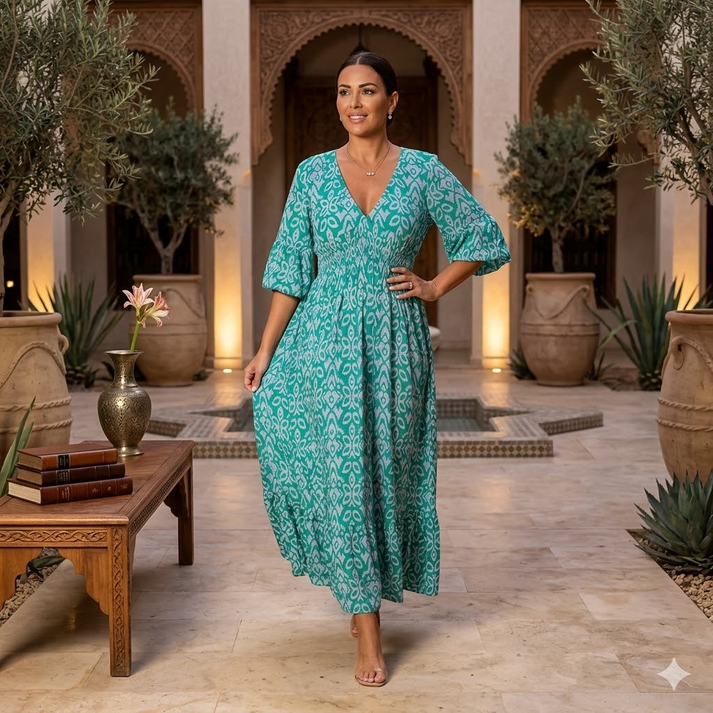 Robe longue d'été fluide imprimée col V