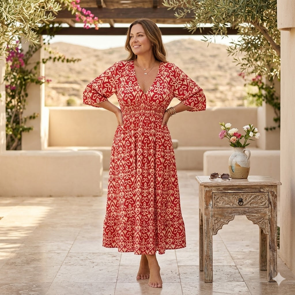 Robe longue d'été fluide imprimée col V