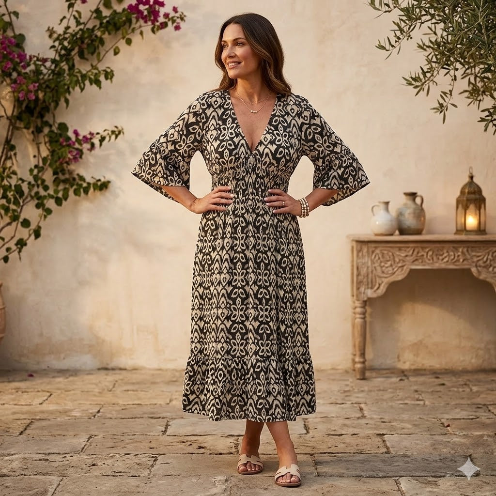 Robe longue d'été fluide imprimée col V