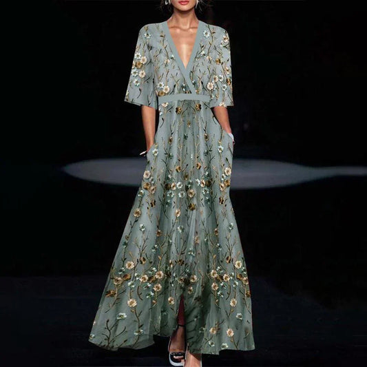 Robe longue verte - Élégance - Manches mi-longues