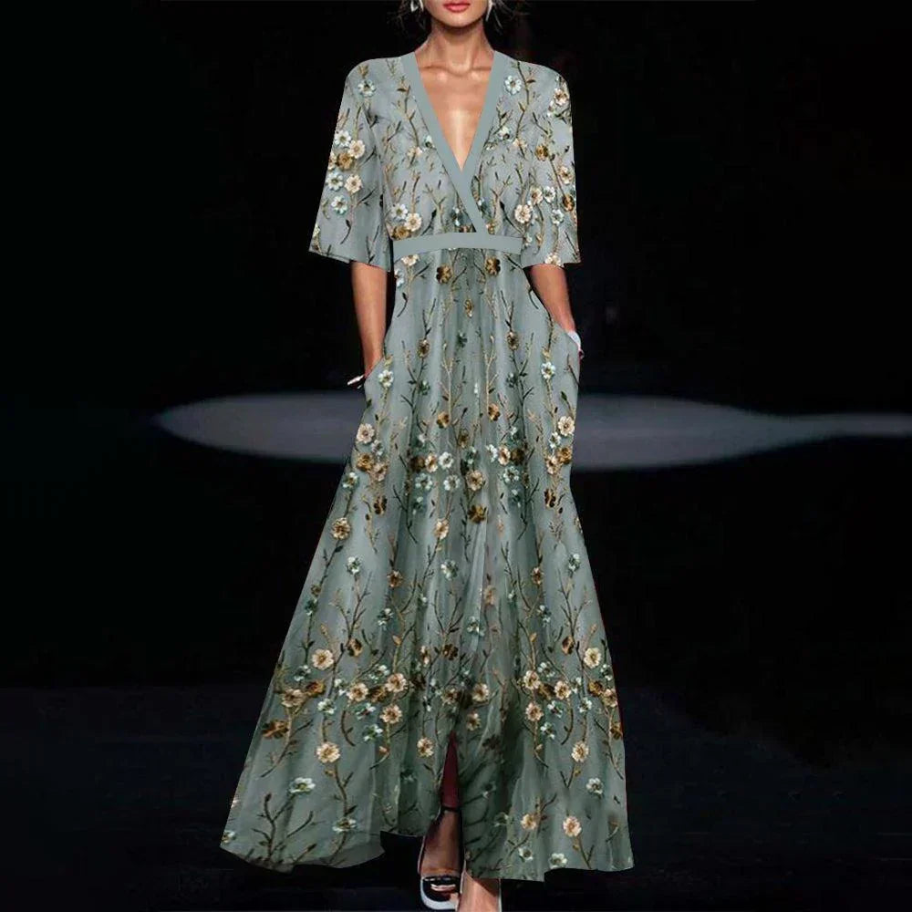 Robe longue verte - Élégance - Manches mi-longues