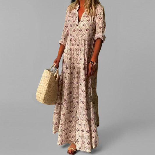 Robe maxi à volant et col en V pour femme