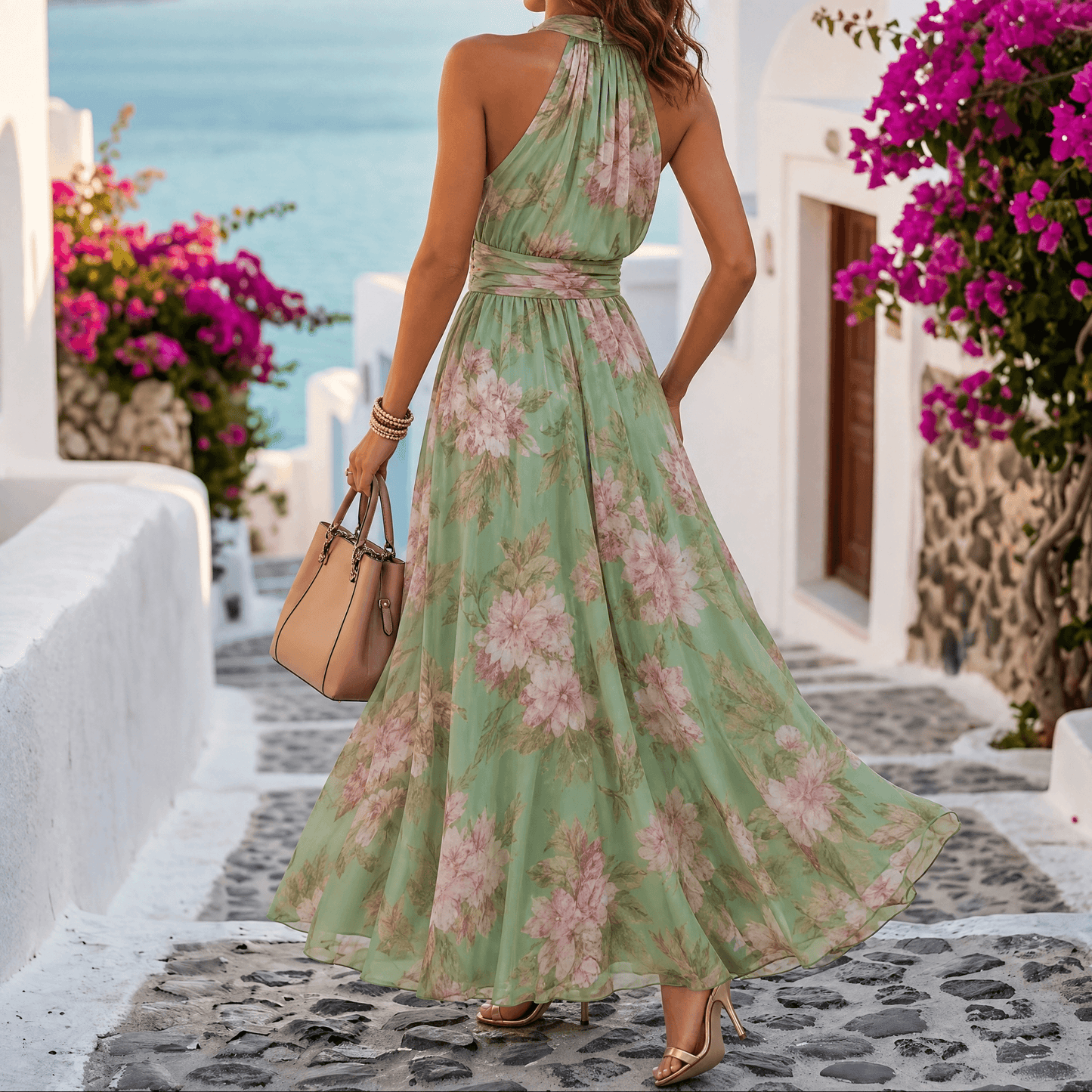 Robe maxi aérée d'été à motif floral vert sauge