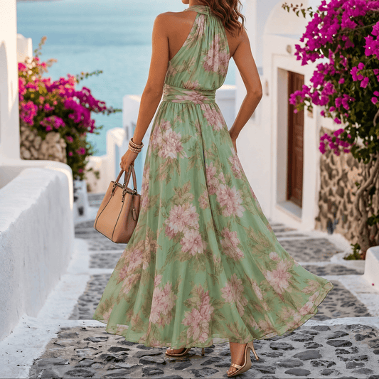 Robe maxi aérée d'été à motif floral vert sauge