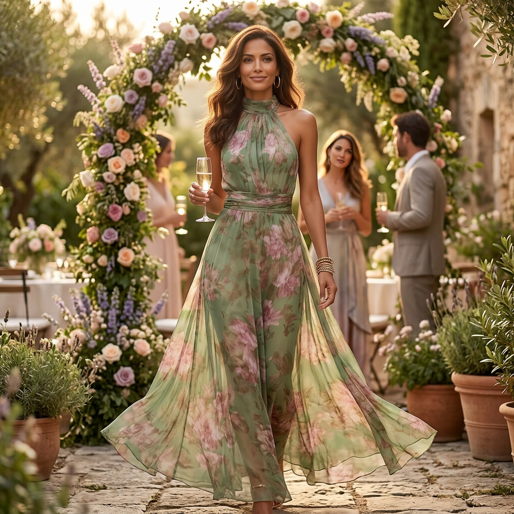 Robe maxi aérée d'été à motif floral vert sauge